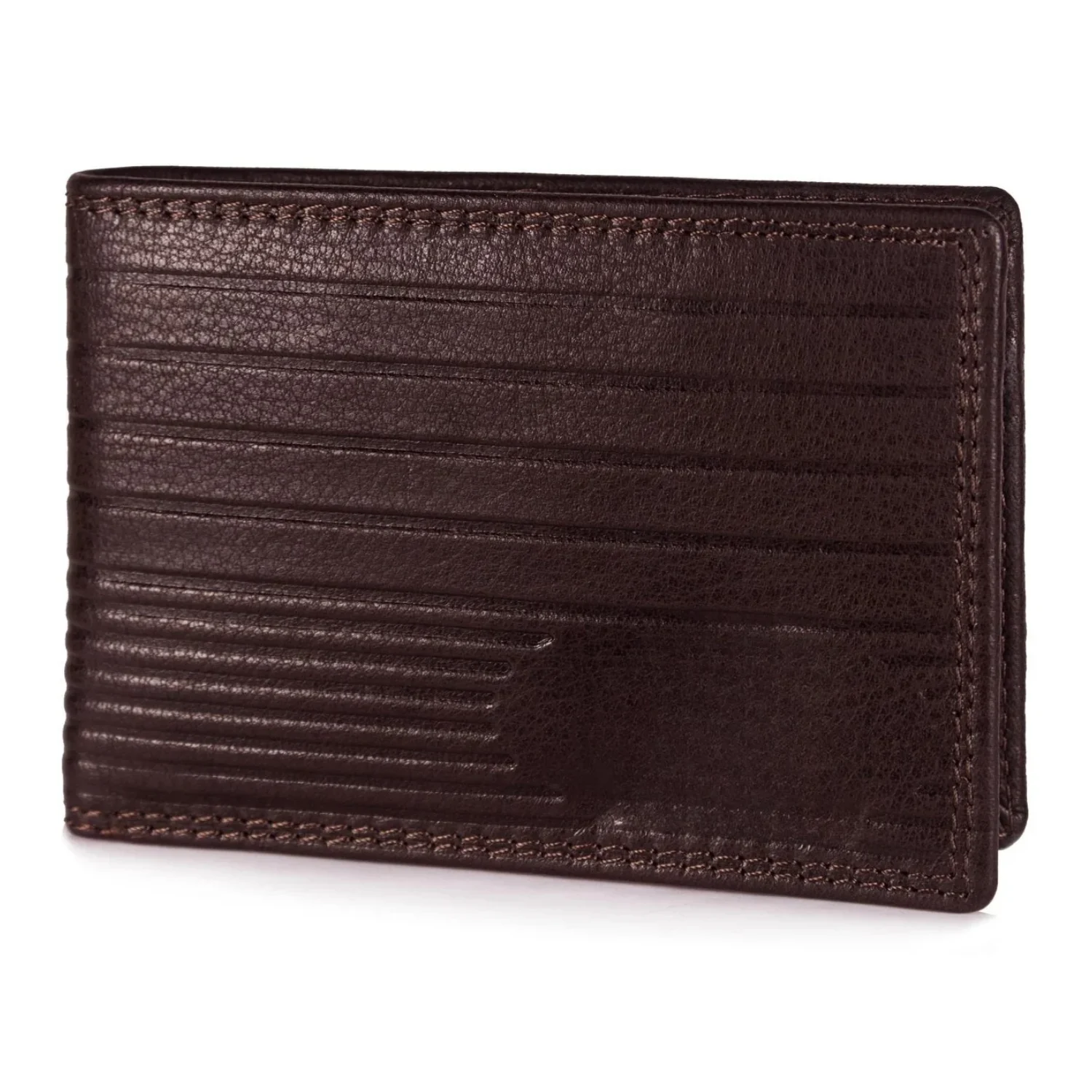 Front view of a dark brown leather bifold wallet with embossed parallel lines and stitched edges