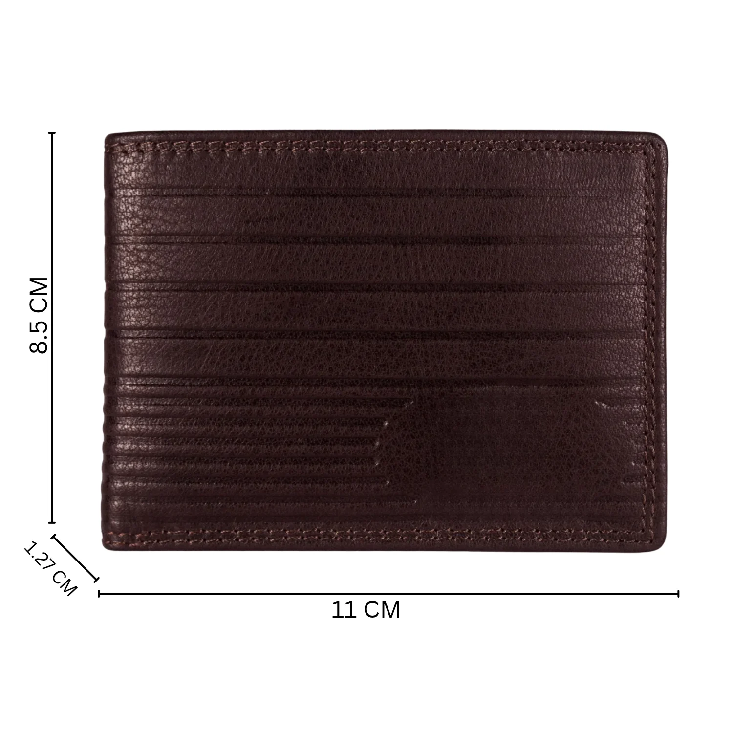 dimensions.webp Dark brown linear embossed wallet measuring 11 cm wide, 8.5 cm high and 1.27 cm thick