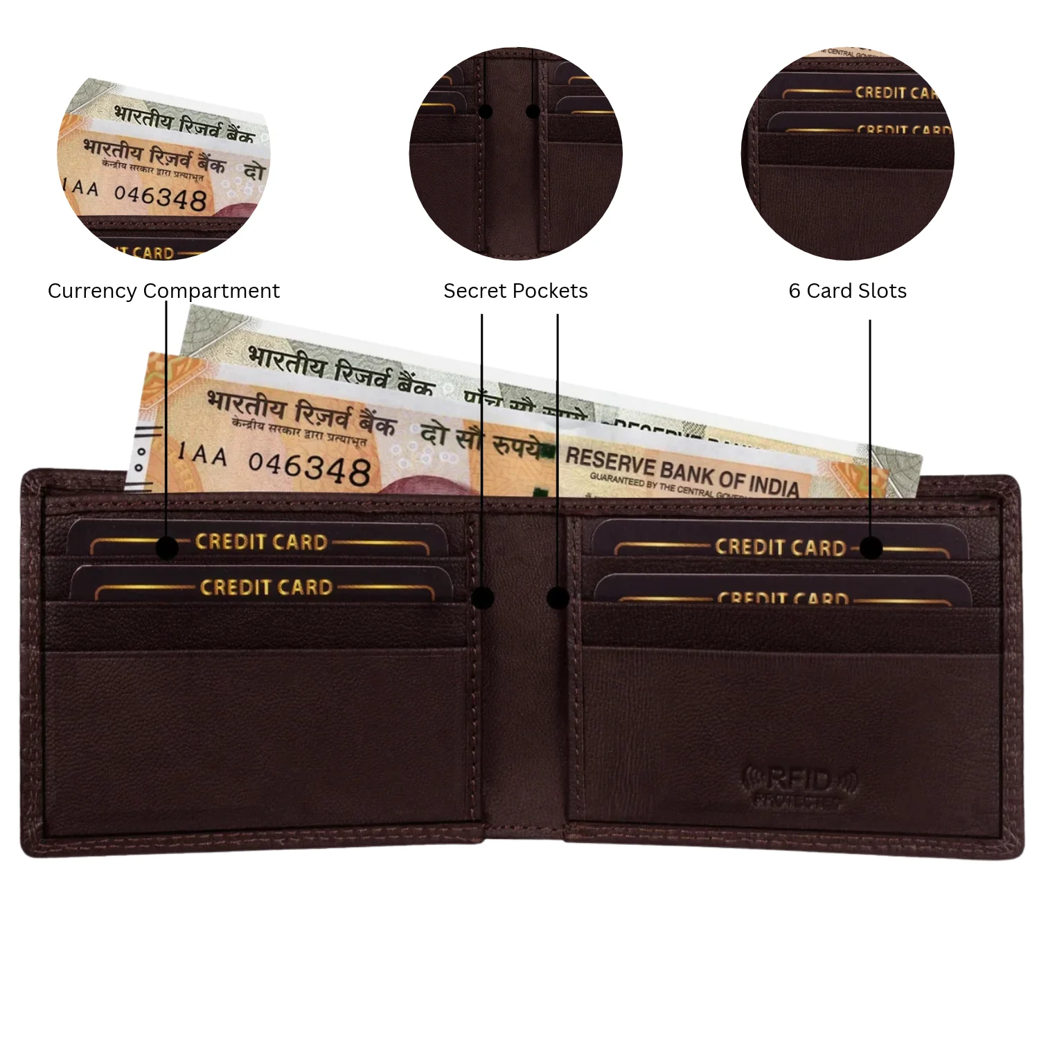 Open dark brown leather bifold wallet showing card slots, concealed pockets and banknote storage