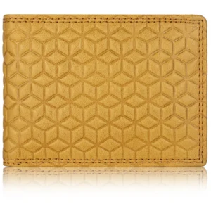 Closed mustard yellow leather bifold wallet with embossed geometric cube pattern and stitched edges