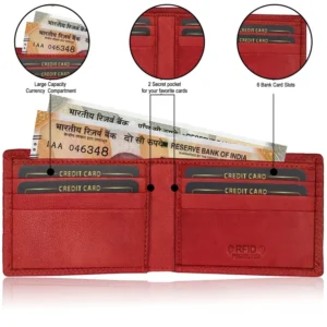Red wallet interior with card pockets, currency compartment and RFID marking
