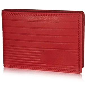 Front view of a red men’s bifold wallet with embossed horizontal lines