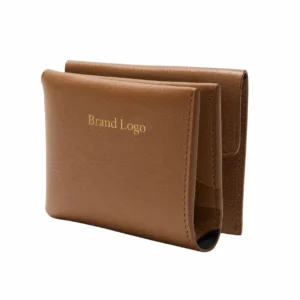 Front view of tan leather FOLD wallet with gold foil brand logo