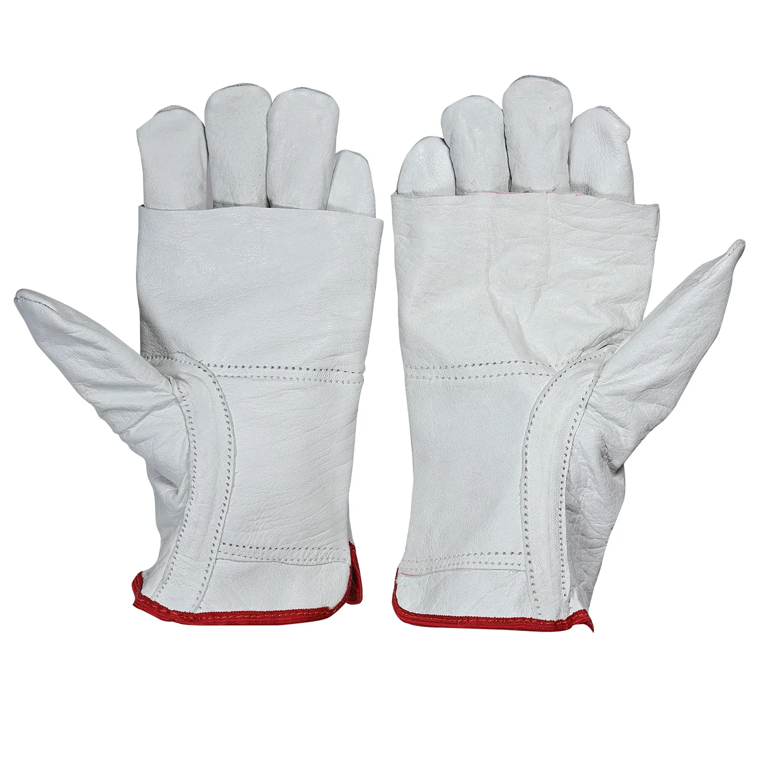 Palm view of white grain leather driver gloves showing reinforced thumb panels