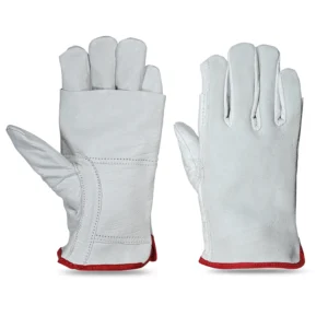White grain leather driver gloves with nude split leather backs and red-bound cuffs