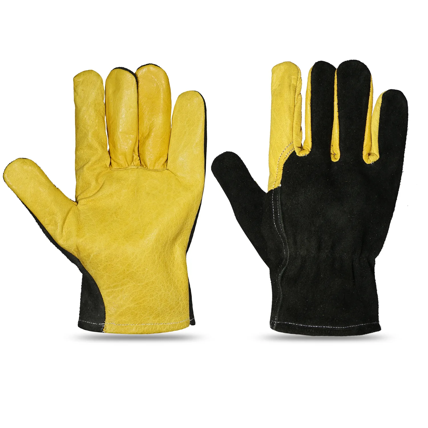 Yellow grain leather driver gloves with contrasting black split leather backs