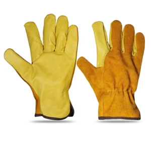 Yellow grain leather driver gloves with a contrasting split leather back