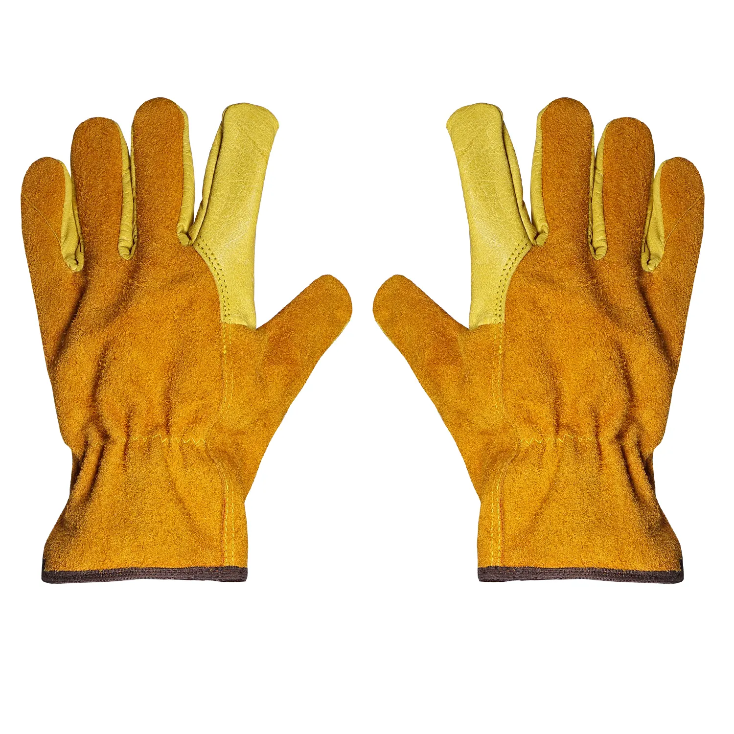 Back view of yellow leather driver gloves with split leather fingers and back