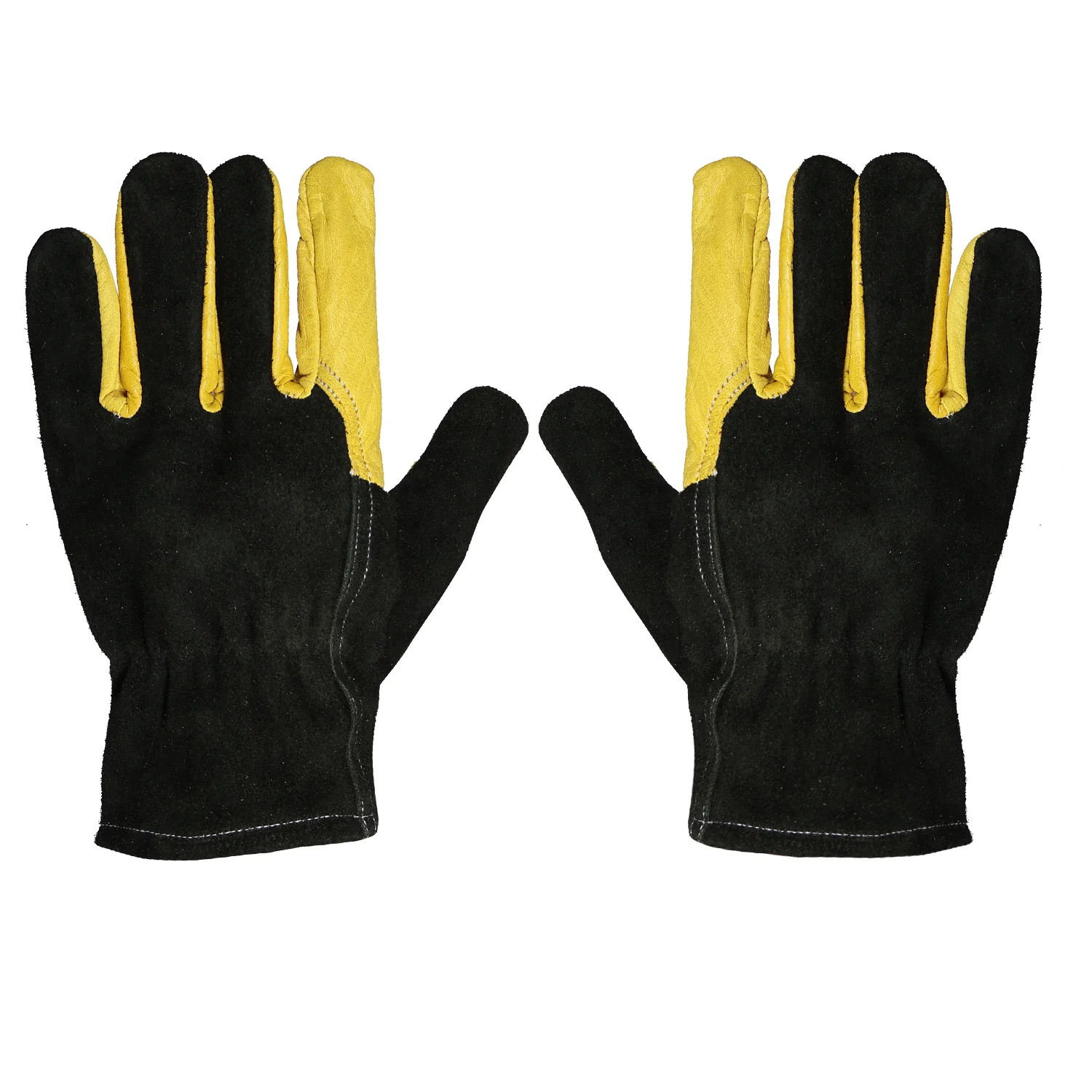 Back view of yellow driver gloves with black split leather backs