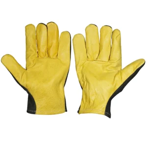 Palm view of yellow grain leather driver gloves with black accents