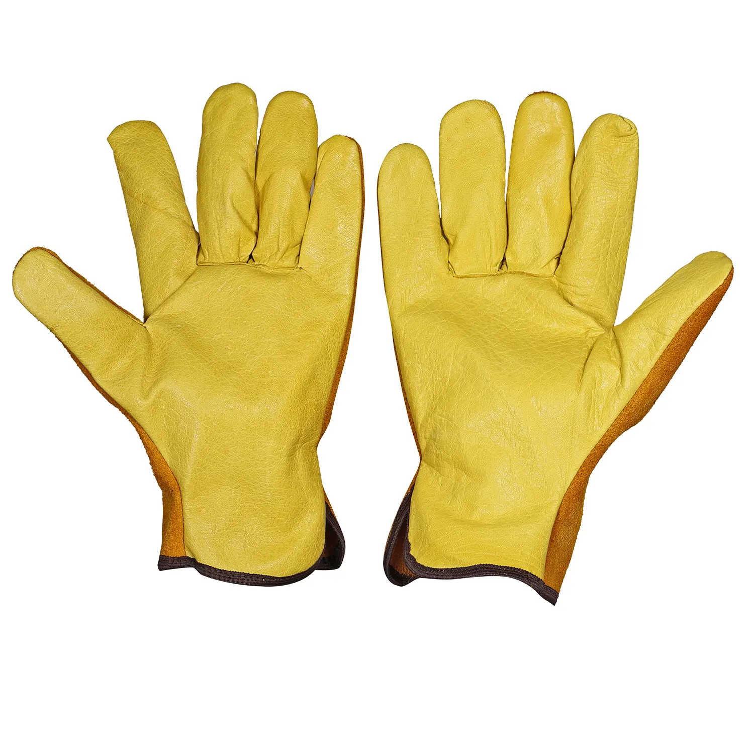 Palm view of yellow grain leather driver gloves